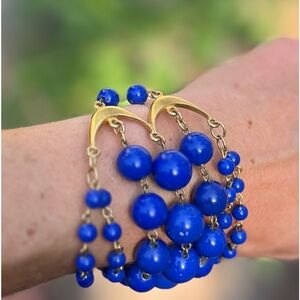 Retired Signed David Aubrey Blue Bead Chain Bracelet With Gold Toned Moons